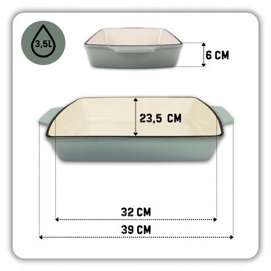 Hage - 3-teiliges Küchenset - gusseiserne Auflaufform - Bräter 3,5 L - emaillierte Backform - Auflaufform für Fleisch und Aufläufe - gusseiserne Bratpfanne - rechteckige Backform - ofenfest - wärmespeichernd - pastellblaugrün