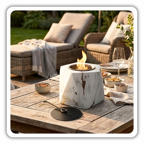 Hage - Tischkamin - Biokamin - Freistehender Bio-Ethanol-Tischkamin - Rauchfreier Dekokamin für drinnen & draußen - Freistehend - 13 x 10 cm – Weißer Marmor-Look mit goldenen Akzenten