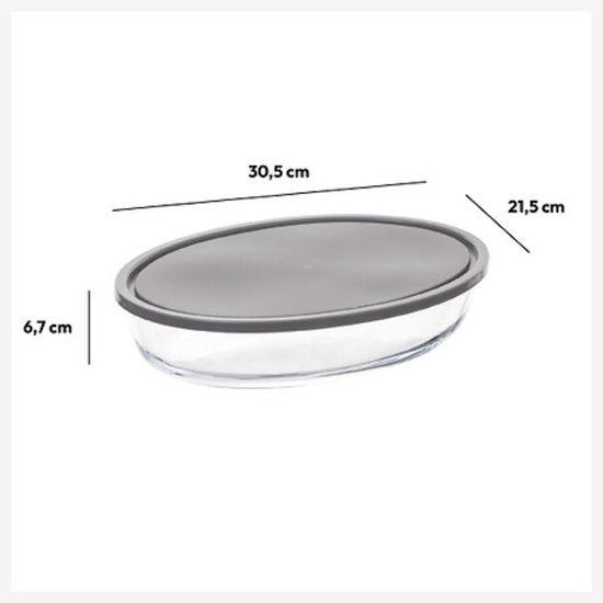 Glazen Ovenschaal Set - Set van 3 - Ovenschalen met Deksel - Magnetronbestendig - Voor Bakken, Bewaren en Opwarmen - Rechthoekige, Ovale en Ronde Bakschaal - Grijs & Transparant
