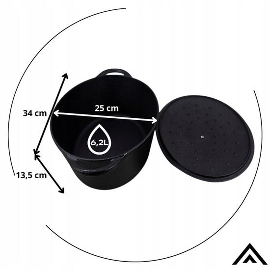 Hage - Braadpan - Gietijzeren Braadpan met Deksel - Voor Inductie, Gas, Oven, Grill en Vuur - 6.2 Liters - 34 x 25 x 13.5 cm - Zwart