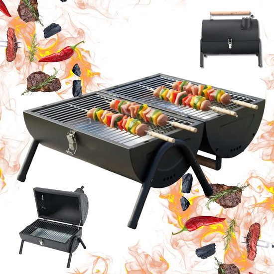 Kinghoff draagbare houtskoolbarbecue met deksel – 41 x 25 x 38 cm, zwart