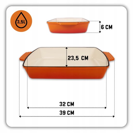Hage - 3-teiliges Küchenset - Auflaufform 3,5 L - gusseiserne Backform mit Emaillierung - rechteckiger Bräter für den Ofen - Fleisch, Gebäck und Aufläufe - robuste Backform mit Griffen - gleichmäßige Wärmeverteilung - Orange