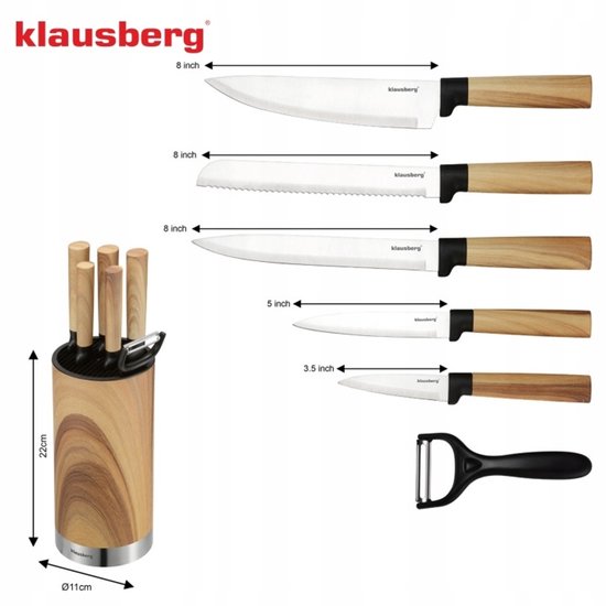Klausberg - Knife Set - 7-Piece - Kitchen Knife Set - 5 Stainless Steel Kitchen Knives - Vegetable Peeler - Knife Block - Kitchen Accessories with Peeler and Knife Block - Natural Wood Look