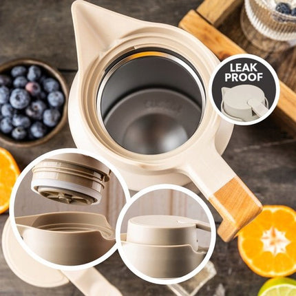 Thermoskan - Vacuüm Thermosfles - Isolerende Koffiekan met Houten Handvat - BPA-vrij - 2 Liter - RVS 304 - Beige