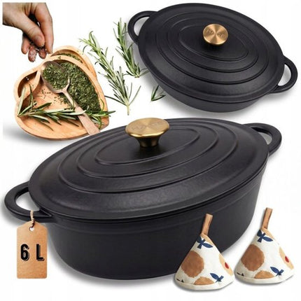 Hage - Braadpan - Geëmailleerde Gietijzeren Braadpan met Deksel - Oven & Inductie Geschikt - Voor Braden, Stoven en Ovenschotels - 6 Liters - 34 x 26 x 18 cm - Mat Zwart