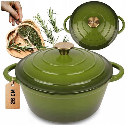 Hage - Kookpan - Gietijzeren Pot met Deksel - Geëmailleerd - Inductie & Oven Geschikt - Inclusief Mini Ovenhandschoenen & Onderzetter - Voor Braden, Stoven, Soep & Brood - 5 Liters - Ø26 cm - Olijfgroen