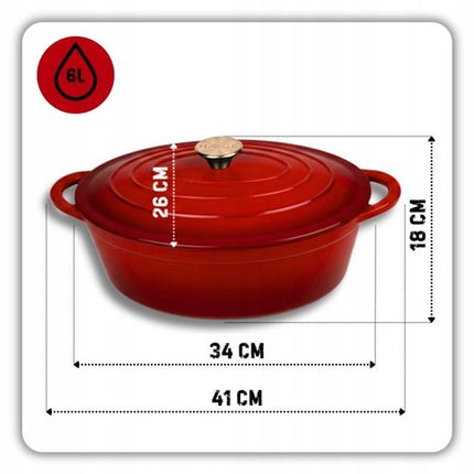Hage - Braadpan - Geëmailleerde Gietijzeren Braadpan met Deksel - Oven & Inductie Geschikt - Voor Braden, Stoven en Ovenschotels - 6 Liters - 34 x 26 x 18 cm - Rood