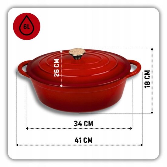 Hage - Braadpan - Geëmailleerde Gietijzeren Braadpan met Deksel - Oven & Inductie Geschikt - Voor Braden, Stoven en Ovenschotels - 6 Liters - 34 x 26 x 18 cm - Rood