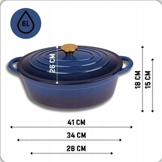 Hage - Roasting Pan - Enameled Cast Iron Roasting Pan with Lid - Suitable for Oven & Induction - For Roasting, Stewing and Casseroles - 6 Liters - 34 x 26 x 18 cm - Blue