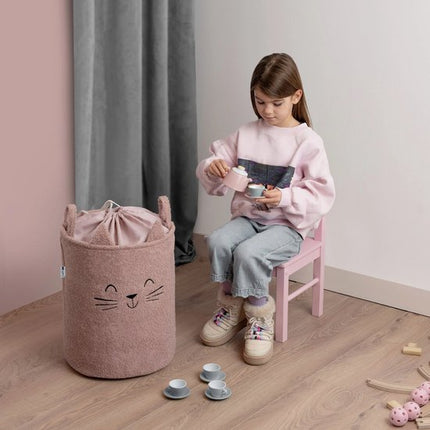 SIPO Grote Opbergmand voor Speelgoed - XL Formaat 43 Liter - Roze Boucle Stoffen Kitten Print - met Trekkoord - 45x43x5cm
