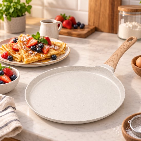 Hakal Crêpe Pan Ø24 cm – Pancake Pan with Non-stick Coating – Low Rim – Wood-look Handle – Cream / White