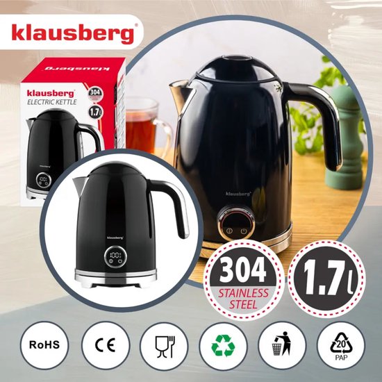 Klausberg - Kettle - Electric Kettle - Water Kettle - Tea Kettle with Thermometer - Keep-warm function - Stainless Steel - 1.7 L - 2200W - Black