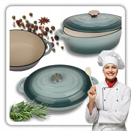 Hage - Gietijzeren Braadpan - Braadpan - Cast Iron Casserole met Deksel - Geëmailleerd - Geschikt voor Inductie & Oven - 6 Liter - 34 x 26 x 18 cm - Pastel Teal