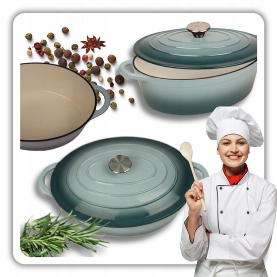 Hage - Cast Iron Casserole - Dutch Oven - Cast Iron Casserole with Lid - Enamelled - Suitable for Induction & Oven - 6 Litres - 34 x 26 x 18 cm - Pastel Teal