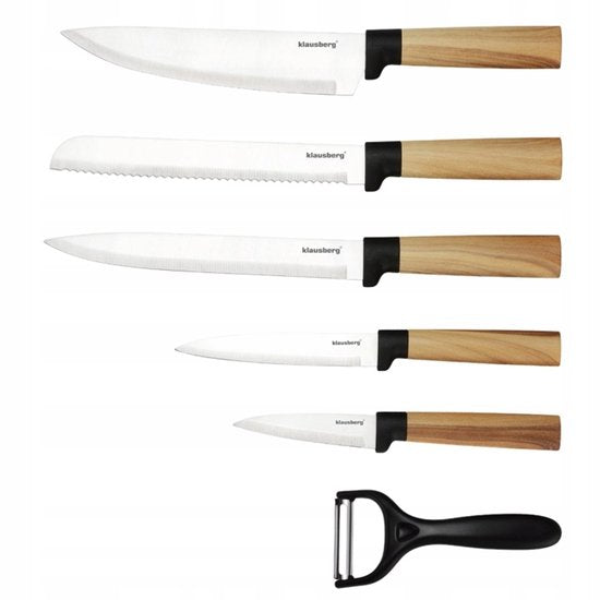 Klausberg - Knife Set - 7-Piece - Kitchen Knife Set - 5 Stainless Steel Kitchen Knives - Vegetable Peeler - Knife Block - Kitchen Accessories with Peeler and Knife Block - Natural Wood Look