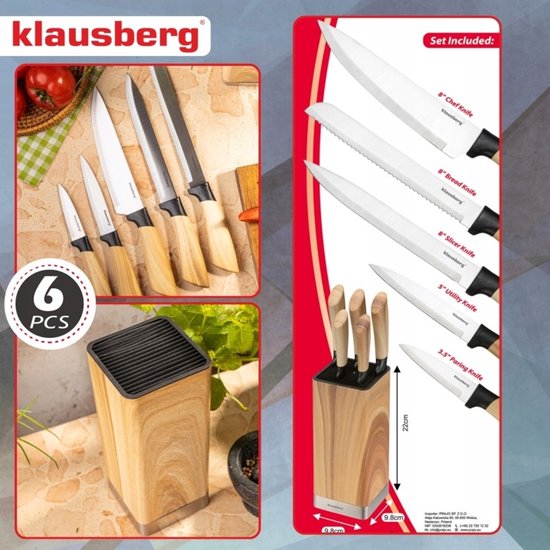 Klausberg - Knife Set - 6-Piece - Kitchen Knife Set - 5 Stainless Steel Kitchen Knives - Knife Holder - Professional Chef's Knives - Kitchen Accessories with Knife Block - Wood Look