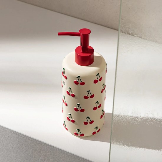 Homla zeepdispenser met kersen – polyresin, 540 ml, wit met rood – foto 2