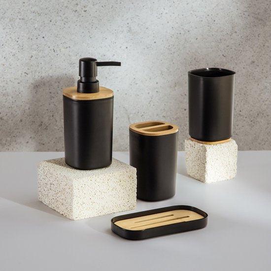 Homla - Tula Badezimmer-Accessoire-Set - 4-teiliges Badezimmer-Zubehör-Set - Bad-Set - Moderne Badezimmer-Accessoires - Seifenspender mit Bambus - Zahnputzbecher - Zahnbürstenhalter - Seifenschale - Schwarz