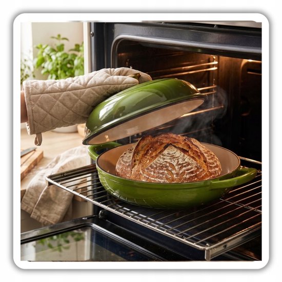 Hage - Cast Iron Bread Pan - Enameled Baking Pan with Lid - For Homemade Bread & Casseroles - Induction, Gas & Oven Safe - Includes Pot Holder & Hand Protectors - 2L - Ø26 x 16.5 cm - Olive Green