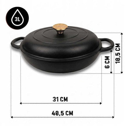 Hage - Braadpan - Lage Gietijzeren Braadpan met Deksel - Geëmailleerd - Oven & Inductie Geschikt - Voor Braden, Stoven en Ovenschotels - 3 Liters - 40.5 x 30 x 10.5 cm - Mat Zwart