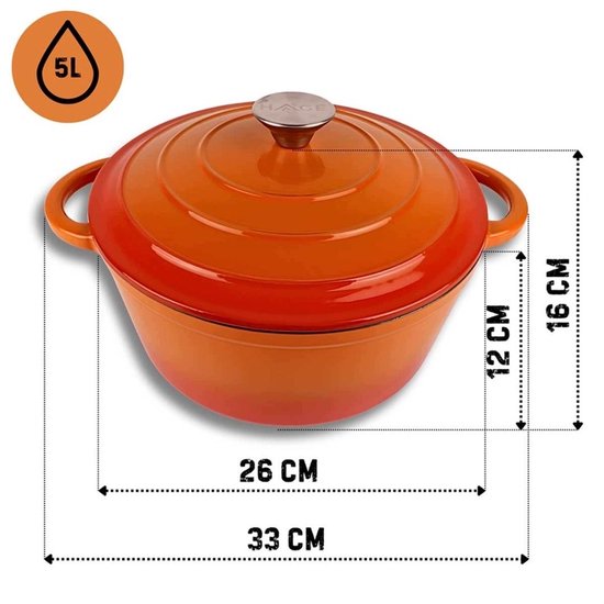 Hage - Casserole - Cast Iron Pot with Lid - Enamelled - Induction & Oven Safe - Includes Mini Oven Mitts & Trivet - For Roasting, Stewing, Soup & Bread - 5 Litres - Ø26 cm - Orange