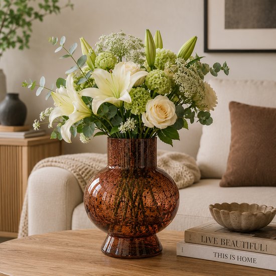 Bubble Vase - Dekorative Glasvase mit kugelförmigem Design - Moderne Blumenvase - Designvase für Trockenblumen und frische Blumen - Ø 18 x 23 cm - Amber Gelb
