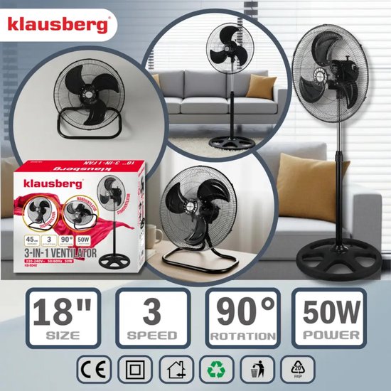 Klausberg 3-in-1 staande ventilator – ook tafel- en wandventilator, Ø 45 cm – foto 4