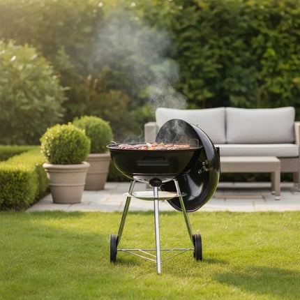 KINGHoff - Houtskool BBQ Grill - Kogelbarbecue met Deksel en Wielen - Tuin BBQ Grill Verrijdbaar - Barbecue met Temperatuurregeling - Buiten Grill - Camping & Terras BBQ - Metaal - Ø43 x 47.5 x 74 cm - Zwart
