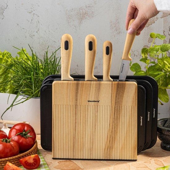 Klausberg - Messerset - 8-teilig - Küchenmesserset - Messerblock mit 4 Edelstahlmessern - 3 Schneidebretter - Küchenzubehör mit Schneidebrettern und Halterung - Schwarz und Naturfarbe