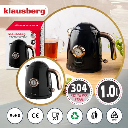 Klausberg - Waterkoker - Retro Waterkoker - Kleine Elektrische Waterkoker - Thee Waterkoker met Thermometer - Compacte Waterkoker Design - Keukenapparaat - 1L - 1200W - RVS - Zwart