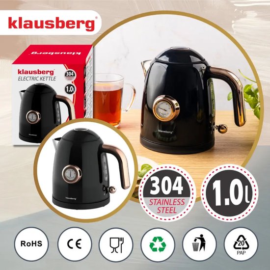 Klausberg retro waterkoker met thermometer – 1 liter, 1200 W, RVS zwart – foto 7