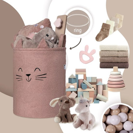 SIPO Grote Opbergmand voor Speelgoed - XL Formaat 43 Liter - Roze Boucle Stoffen Kitten Print - met Trekkoord - 45x43x5cm