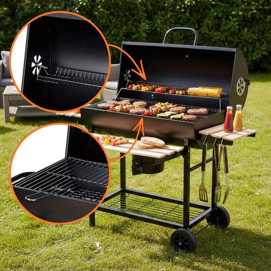 Grote houtskoolbarbecue op wielen met deksel – thermometer en 3 roosters – foto 9