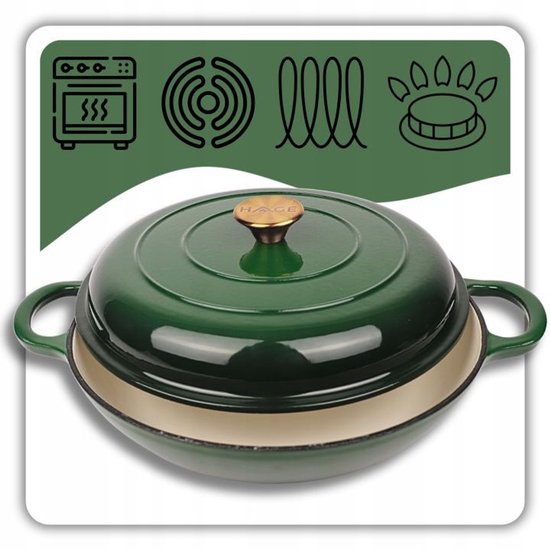 Hage - Braadpan - Geëmailleerde Gietijzeren Braadpan - Cast Iron Casserole - Geschikt voor Inductie, Gas & Oven - Inclusief Pannenonderzetter & Handgreepbeschermers - 3 Liters - Ø30 x 10.5 cm - Donkergroen