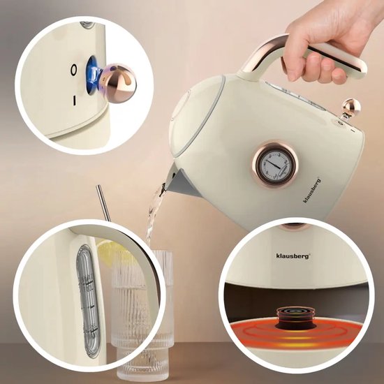 Klausberg - Waterkoker - Retro Waterkoker - Kleine Elektrische Waterkoker - Thee Waterkoker met Thermometer - Compacte Waterkoker Design - Keukenapparaat - 1L - 1200W - RVS - Crème