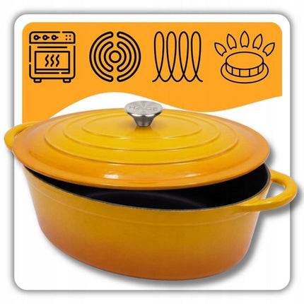 Hage - Gietijzeren Braadpan - Braadpan - Cast Iron Casserole met Deksel - Geëmailleerd - Geschikt voor Inductie & Oven - 6 Liter - 34 x 26 x 18 cm - Mosterdgeel