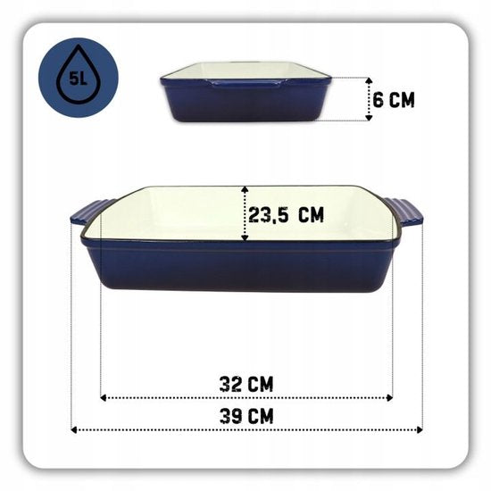 Hage - Gietijzeren Ovenschaal - Ovenschaal - Geëmailleerde Bakvorm - Voor Ovengerechten, Vlees, Taart en Ovenschotels - 3. 5 Liters - 32 x 23,5 x 6 cm - Blauw