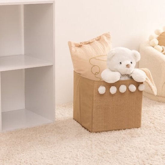 Storage Box - Pompom Storage Box - Set of 2 - Collapsible Storage Box - Jute Look - Square - Cardboard / PP - 29 x 29 cm - Caramel Brown