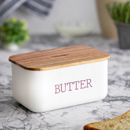 HOMLA - Avila Botervloot - Boterdoos - Moderne Boterschaal met Deksel - Butter Dish voor Koelkast & Tafel - Metaal en Acacia Hout - 15 x 10 x 7 cm - Wit & Hout