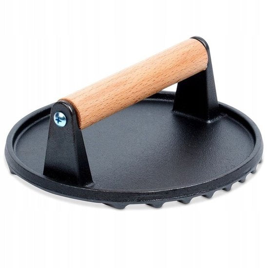 Hage - Hamburger Press - Cast Iron Burger Press - Smash Burger Press - Hamburger Press with Wooden Handle - For BBQ, Grill & Frying Pan - Ø17.5 cm - Black