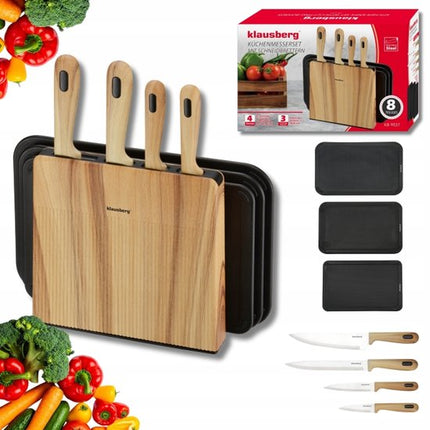 Klausberg - Messenset - 8 Delig - Keukenmessenset - Messenblok met 4 RVS Messen - 3 Snijplanken - Keuken Accessoires met Snijplanken en Houder - Zwart en Natuurlijke Kleur