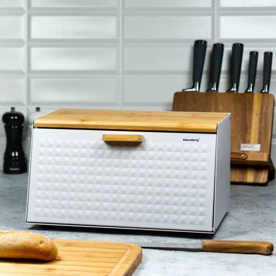 Klausberg 7468 Double-Sided Bread Bin - Diamond White - Stainless Steel and Wooden Bread Storage Box - Bread Container