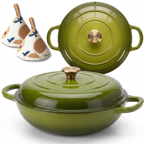 Hage - Braadpan - Lage Gietijzeren Braadpan met Deksel - Geëmailleerd - Oven & Inductie Geschikt - Voor Braden, Stoven en Ovenschotels - 3 Liters - 40.5 x 30 x 10.5 cm - Olijfgroen