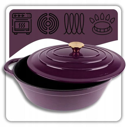 Hage - Braadpan - Geëmailleerde Gietijzeren Braadpan met Deksel - Oven & Inductie Geschikt - Voor Braden, Stoven en Ovenschotels - 6 Liters - 34 x 26 x 18 cm - Paars