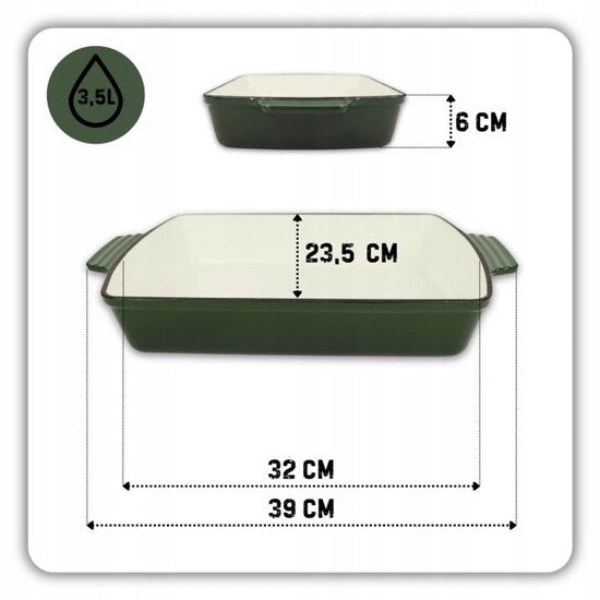 Hage - Gietijzeren Ovenschaal - Ovenschaal - Geëmailleerde Bakvorm - Voor Ovengerechten, Vlees, Taart en Ovenschotels - 3. 5 Liters - 32 x 23,5 x 6 cm - Flesgroen