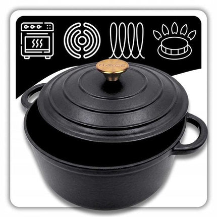 Hage - Kookpan - Gietijzeren Pot met Deksel - Geëmailleerd - Inductie & Oven Geschikt - Inclusief Mini Ovenhandschoenen & Onderzetter - Voor Braden, Stoven, Soep & Brood - 5 Liters - Ø26 cm - Mat Zwart