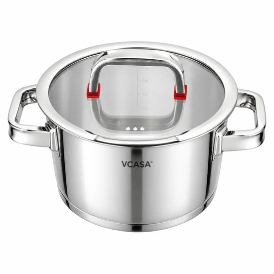 Kookpan 16 cm met glazen afgietdeksel en maatverdeling, 1,6 liter, rvs
