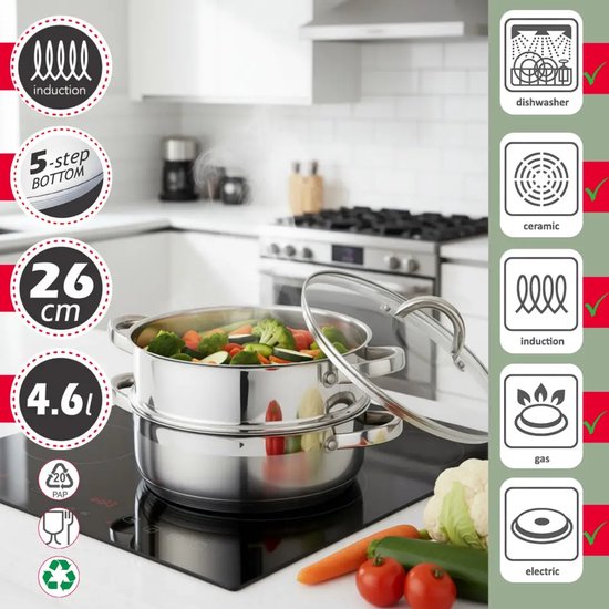 Klausberg - Steamer - 3-Piece Stainless Steel Steam Cooking Set - Steamer Insert - Glass Lid - Induction - Gas - Electric - Stainless Steel - 4.6 Liters - 26 cm - Silver
