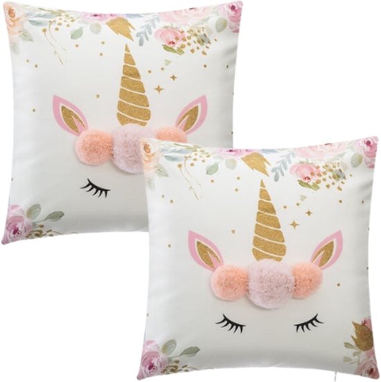 Unicorn Sierkussen -Kinderkussen met Pompoms - Set van 2 - Decoratief Kussen Meisjeskamer - Vierkant Speelkussen - 40x40 cm - Multicolor