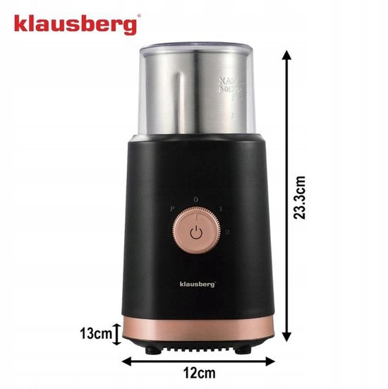 KLAUSBERG KB-7992 Elektrische 2-in-1 Koffie- en Kruidenmolen – 200W – RVS Bekers – Droog & Nat Malen – 3 Snelheden – 80g Capaciteit – zwart/Koper